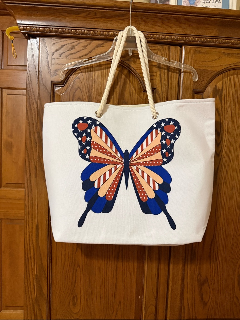 White Butterfly Rope-Handle Tote Bag - Blue & Red Accent
